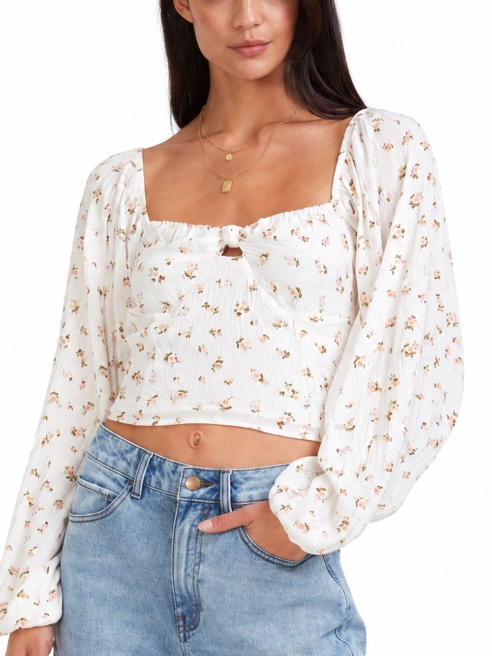 Billabong White Floral Smocked Square-Neck Long Sleeve Crop Top